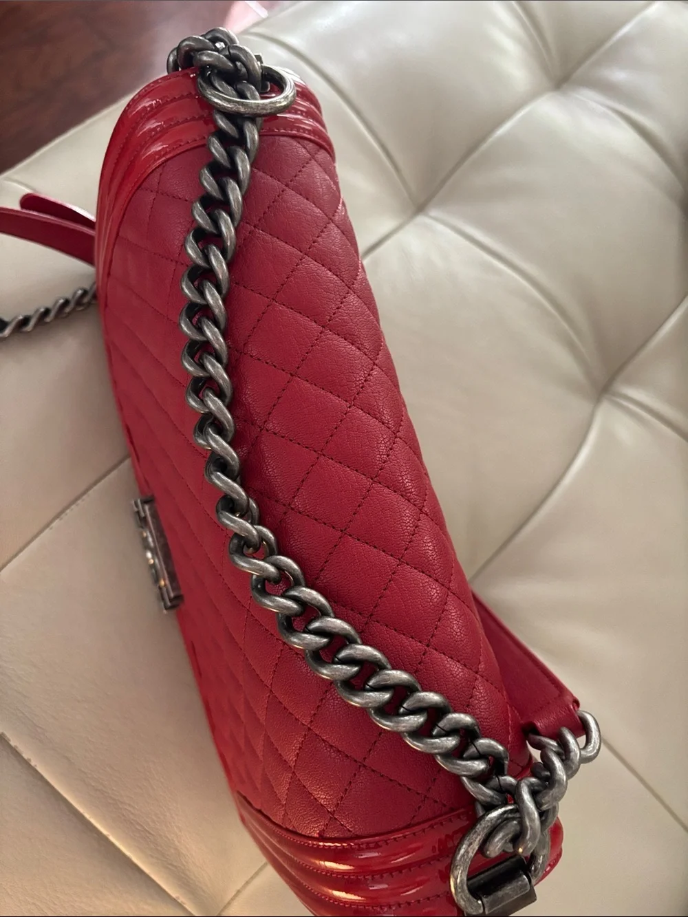 CHANEL Boy Red Quilted Leather Shoulder Bag with Chain Strap- Medium